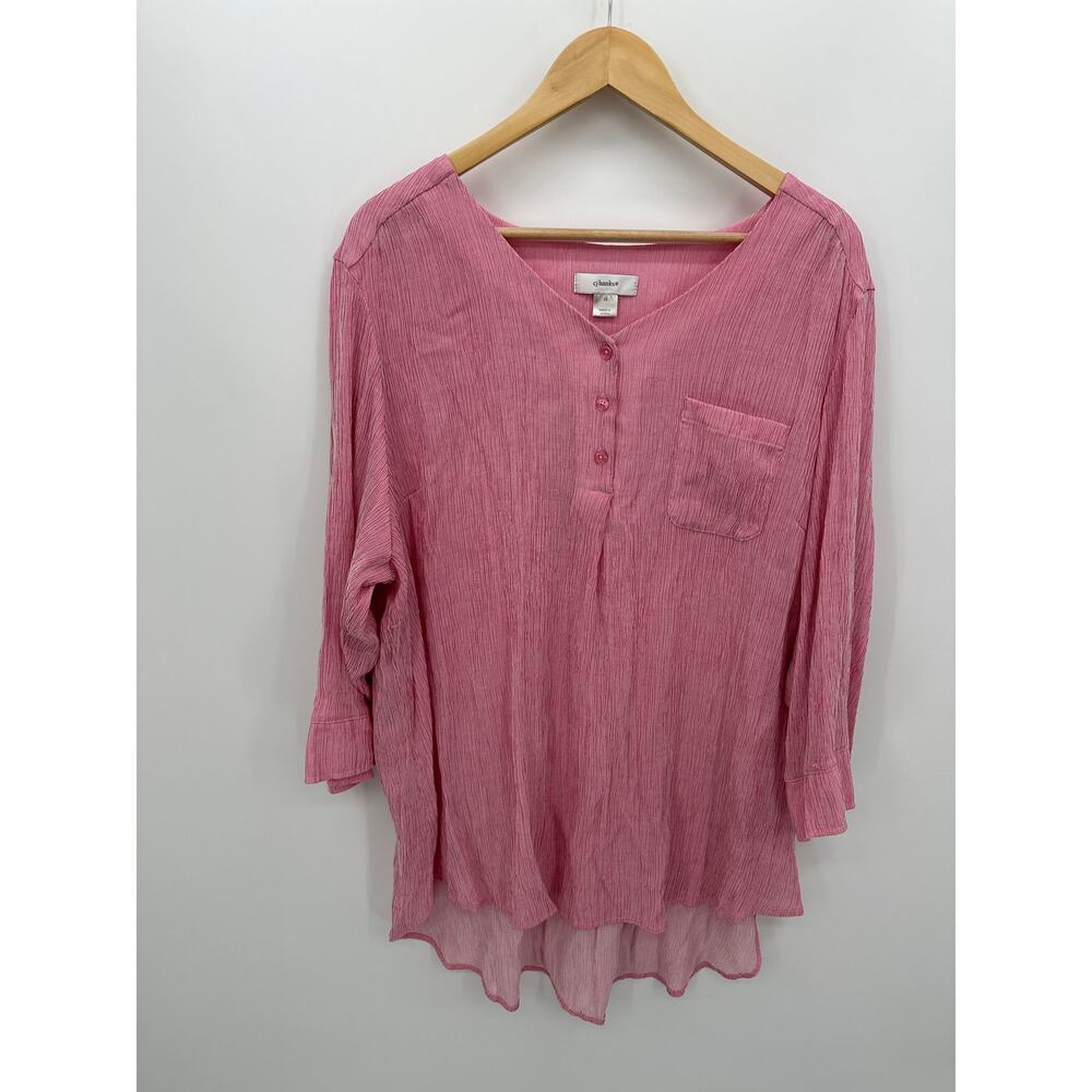 CJ Banks Pink Tunic Women Size 3X Ribbed Sheer 3/4 Sleeve Pocket Buttons Casual